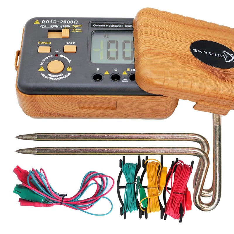 SKYCENX Telurometro,VC4105A Digital Earth Resistance Tester, Grounding Meter Tester for Earthing,Wood-Look Casing,Offers Three Resistance Ranges(20Ω/200Ω/2000Ω) and AC Voltages 750V - Image 1